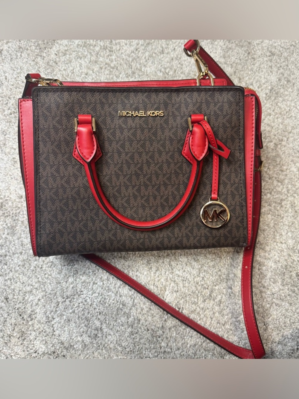 Michael Kors Hope Medium Messenger Bag Flame Red & Brown Satchel Purse w/ Strap